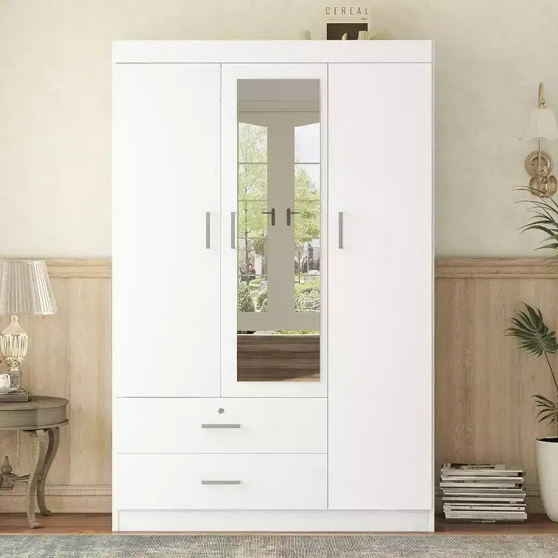 Armoire 3 portes avec miroir et tiroirs – Gris / Blanc, 1 personne