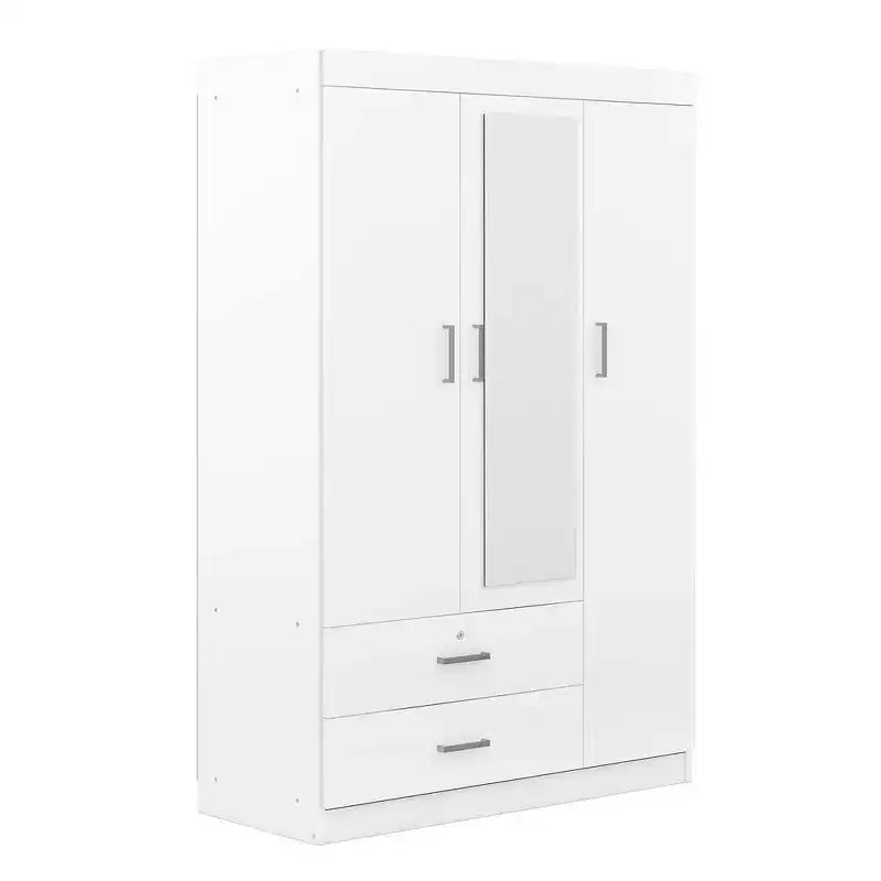 Armoire 3 portes avec miroir et tiroirs – Gris / Blanc, 1 personne