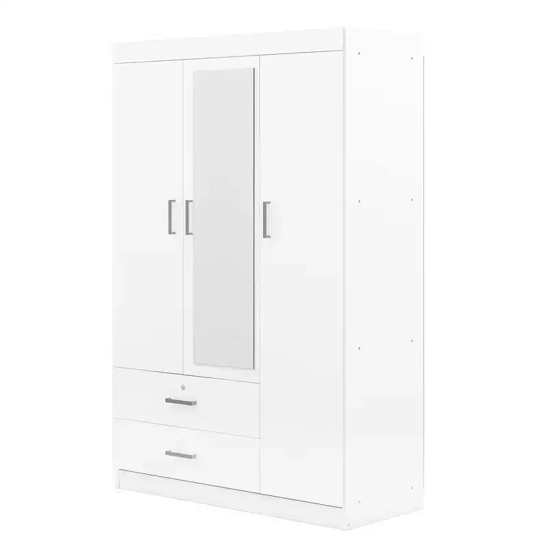 Armoire 3 portes avec miroir et tiroirs – Gris / Blanc, 1 personne