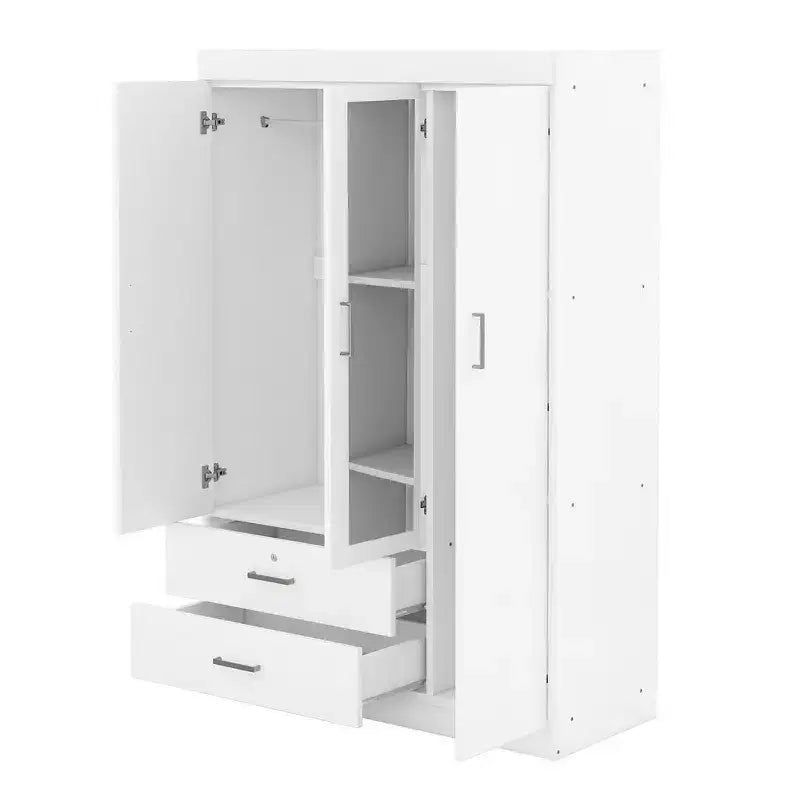 Armoire 3 portes avec miroir et tiroirs – Gris / Blanc, 1 personne
