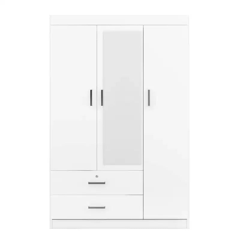 Armoire 3 portes avec miroir et tiroirs – Gris / Blanc, 1 personne