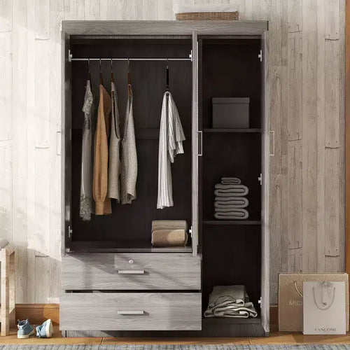 Armoire 3 portes avec miroir et tiroirs – Gris / Blanc, 1 personne