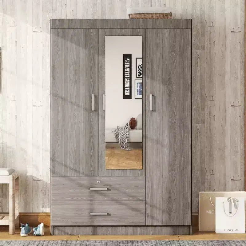 Armoire 3 portes avec miroir et tiroirs – Gris / Blanc, 1 personne