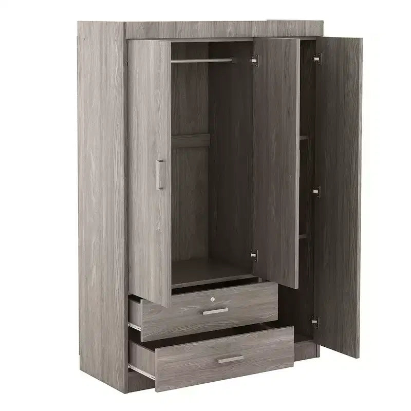 Armoire 3 portes avec miroir et tiroirs – Gris / Blanc, 1 personne