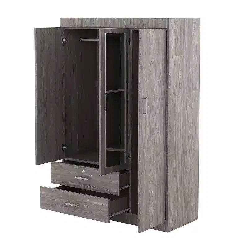 Armoire 3 portes avec miroir et tiroirs – Gris / Blanc, 1 personne