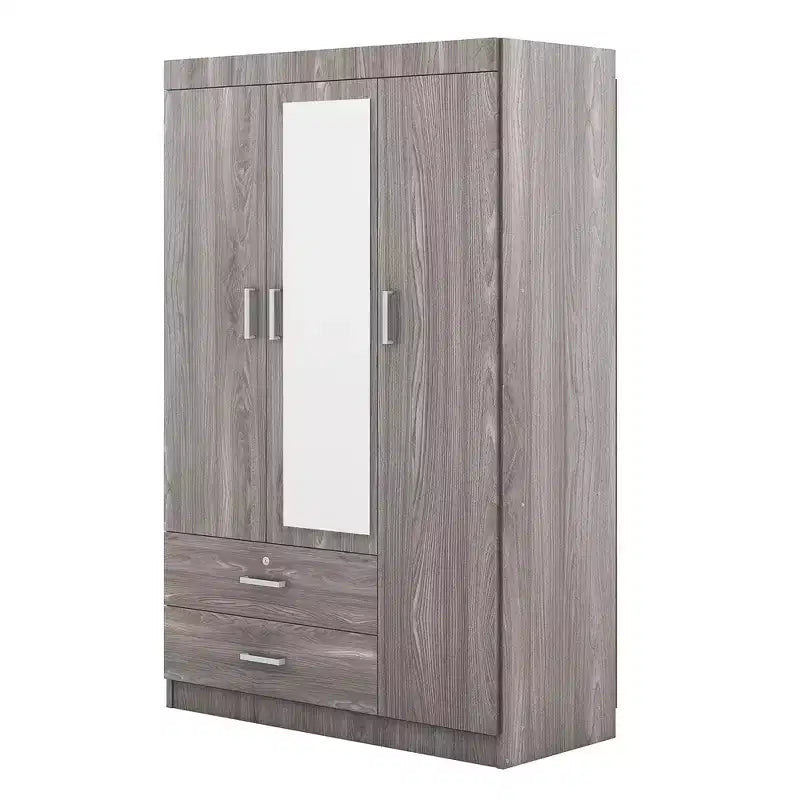 Armoire 3 portes avec miroir et tiroirs – Gris / Blanc, 1 personne