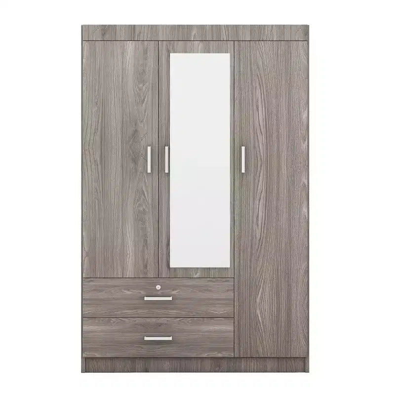 Armoire 3 portes avec miroir et tiroirs – Gris / Blanc, 1 personne