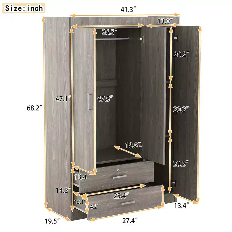 Armoire 3 portes avec miroir et tiroirs – Gris / Blanc, 1 personne