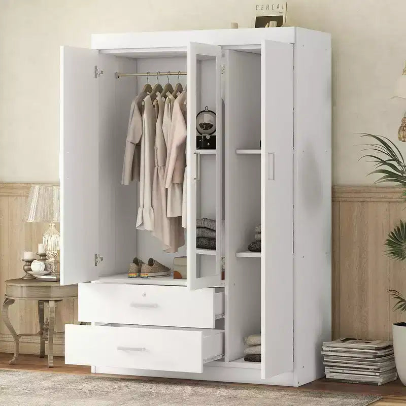 Armoire 3 portes avec miroir et tiroirs – Gris / Blanc, 1 personne