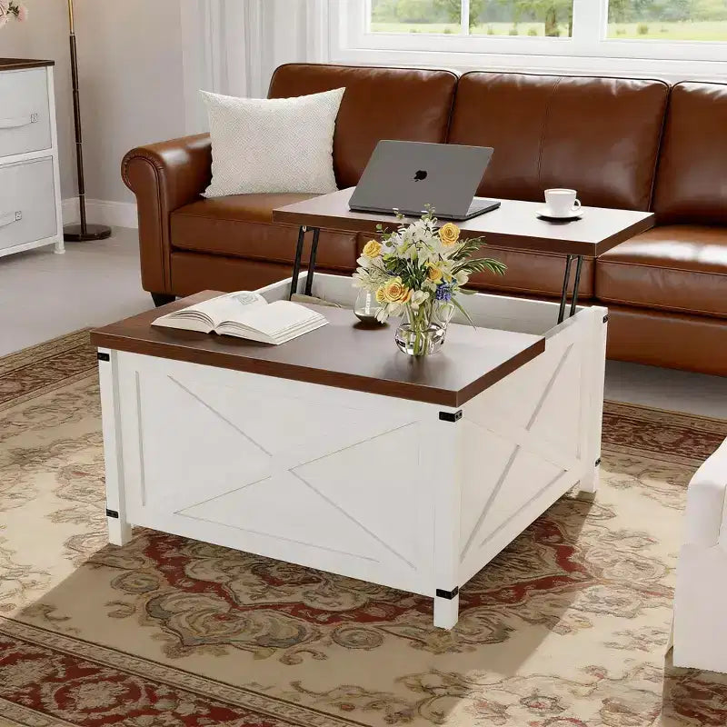 Table basse relevable de ferme marron avec rangement caché, 1 personne