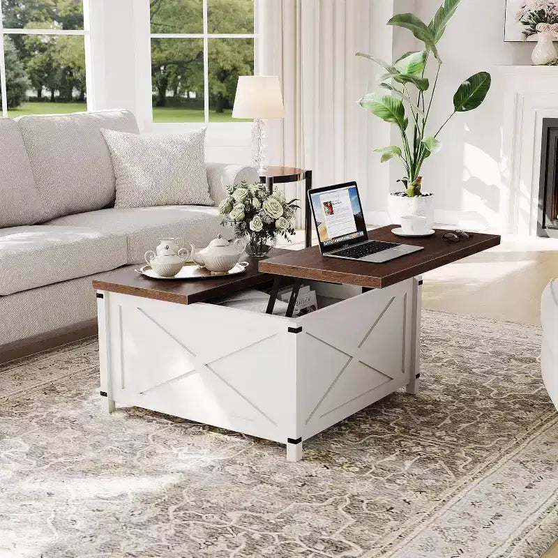 Table basse relevable de ferme marron avec rangement caché, 1 personne