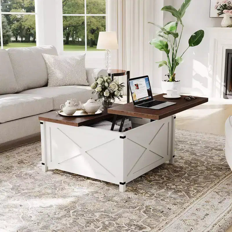 Table basse relevable de ferme marron avec rangement caché, 1 personne