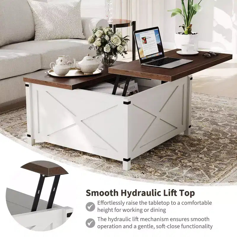 Table basse relevable de ferme marron avec rangement caché, 1 personne