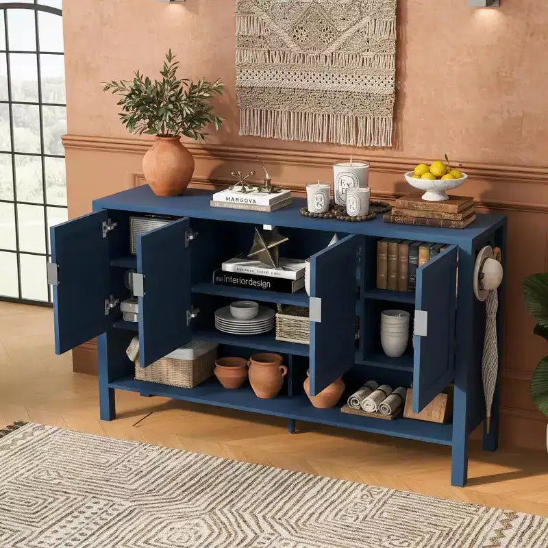 Buffet géométrique à 4 portes avec crochets et étagères réglables, noir / bleu marine / blanc – Montage par 1 personne