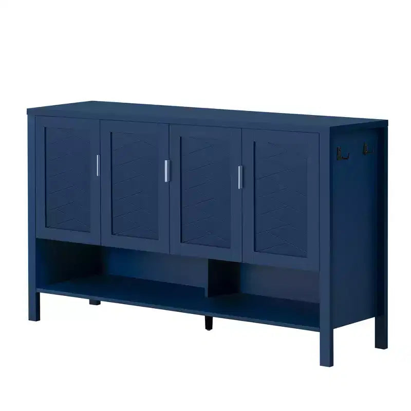 Buffet géométrique à 4 portes avec crochets et étagères réglables, noir / bleu marine / blanc – Montage par 1 personne