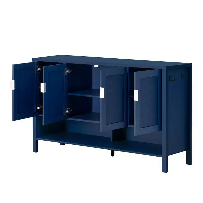 Buffet géométrique à 4 portes avec crochets et étagères réglables, noir / bleu marine / blanc – Montage par 1 personne