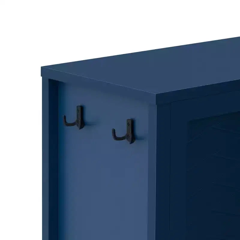 Buffet géométrique à 4 portes avec crochets et étagères réglables, noir / bleu marine / blanc – Montage par 1 personne