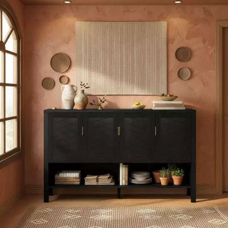 Buffet géométrique à 4 portes avec crochets et étagères réglables, noir / bleu marine / blanc – Montage par 1 personne