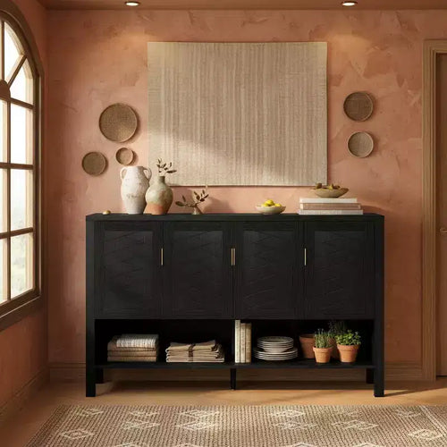 Buffet géométrique à 4 portes avec crochets et étagères réglables, noir / bleu marine / blanc – Montage par 1 personne