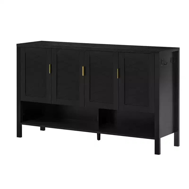 Buffet géométrique à 4 portes avec crochets et étagères réglables, noir / bleu marine / blanc – Montage par 1 personne