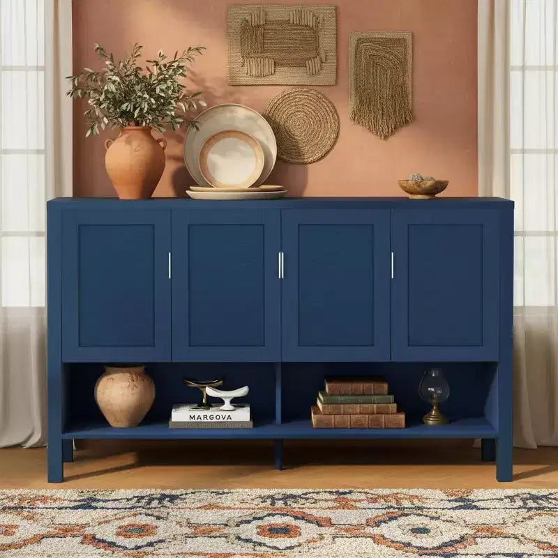 Buffet géométrique à 4 portes avec crochets et étagères réglables, noir / bleu marine / blanc – Montage par 1 personne
