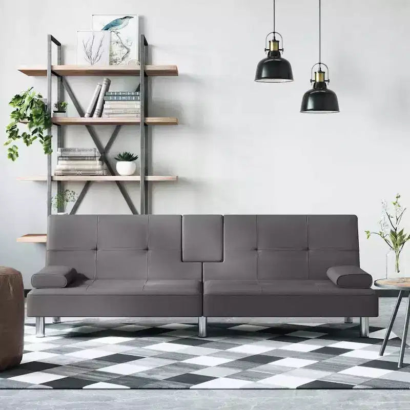 Canapé-lit pliable en similicuir noir/gris avec porte-gobelets – 3 places