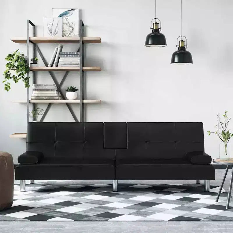 Canapé-lit pliable en similicuir noir/gris avec porte-gobelets – 3 places