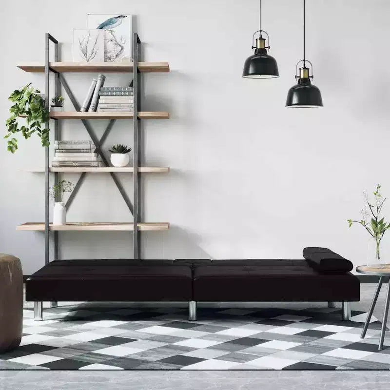 Canapé-lit pliable en similicuir noir/gris avec porte-gobelets – 3 places