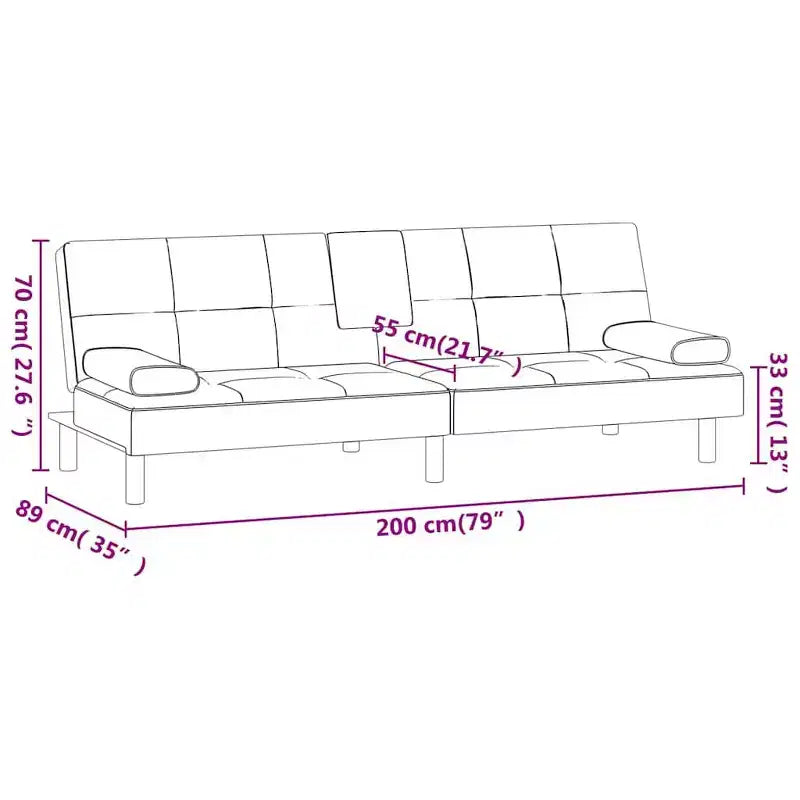 Canapé-lit pliable en similicuir noir/gris avec porte-gobelets – 3 places