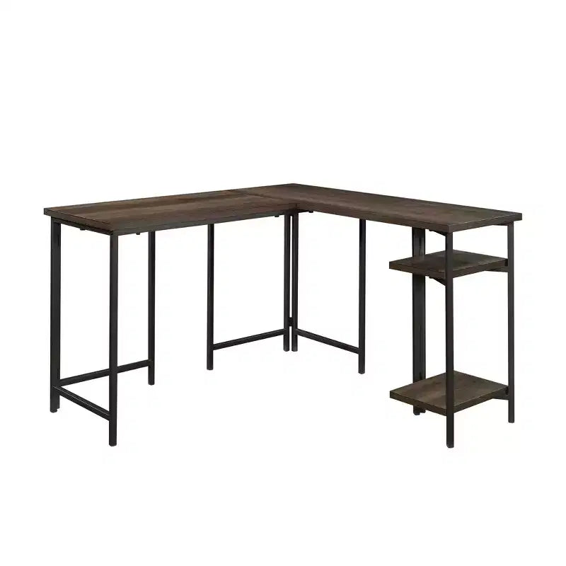 Bureau d'angle rustique marron avec étagères réglables, 1 personne
