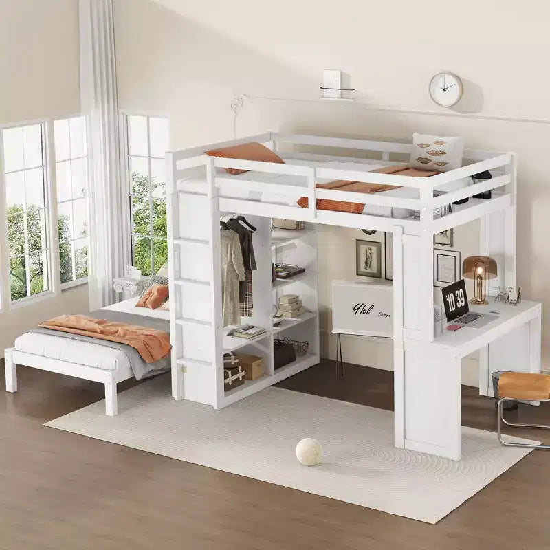 Lit superposé mezzanine blanc deux places avec bureau, étagères et armoire