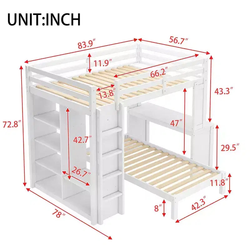 Lit superposé mezzanine blanc deux places avec bureau, étagères et armoire