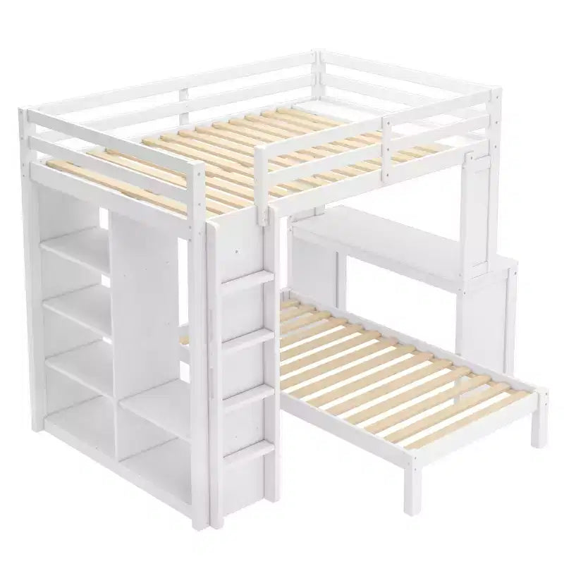 Lit superposé mezzanine blanc deux places avec bureau, étagères et armoire