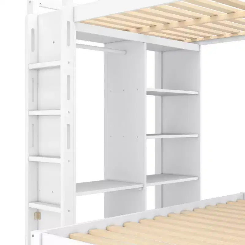 Lit superposé mezzanine blanc deux places avec bureau, étagères et armoire