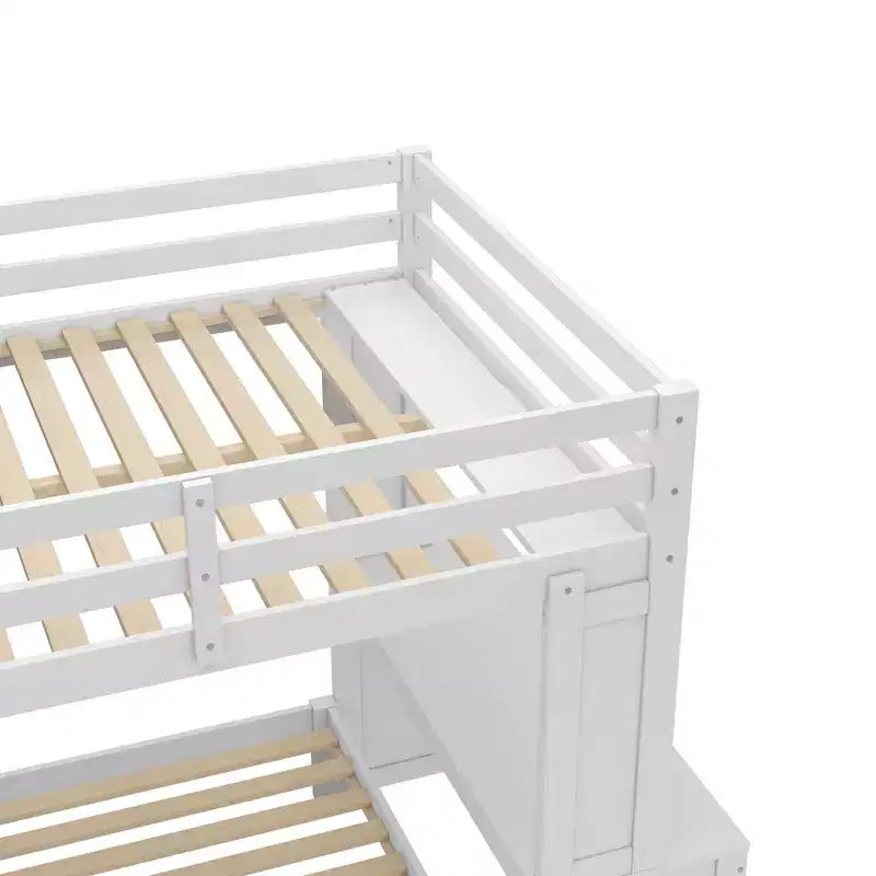 Lit superposé mezzanine blanc deux places avec bureau, étagères et armoire