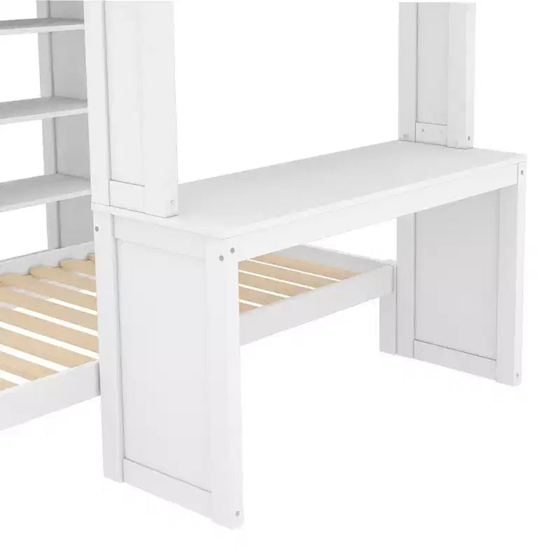 Lit superposé mezzanine blanc deux places avec bureau, étagères et armoire