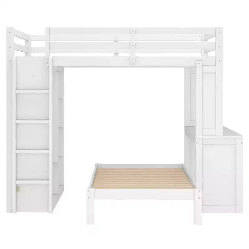 Lit superposé mezzanine blanc deux places avec bureau, étagères et armoire