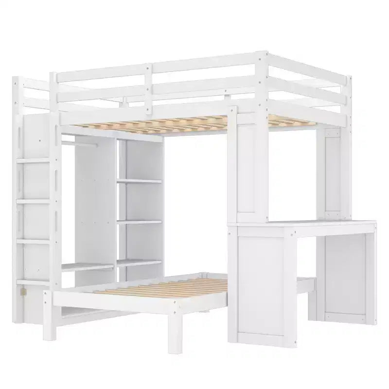 Lit superposé mezzanine blanc deux places avec bureau, étagères et armoire