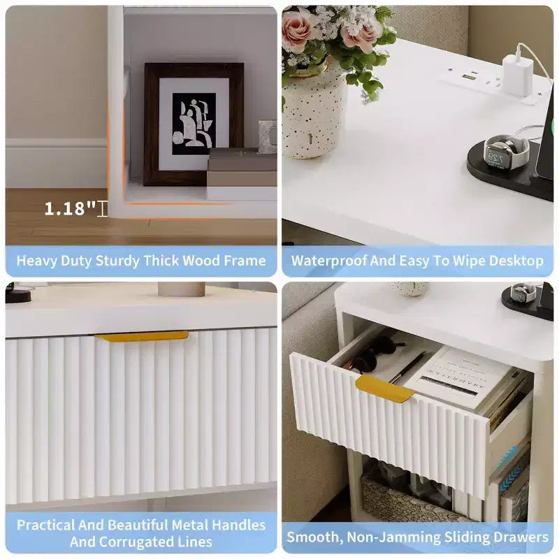 Table de chevet cannelée beige/blanc, style moderne du milieu du siècle, 1 ou 2 pièces