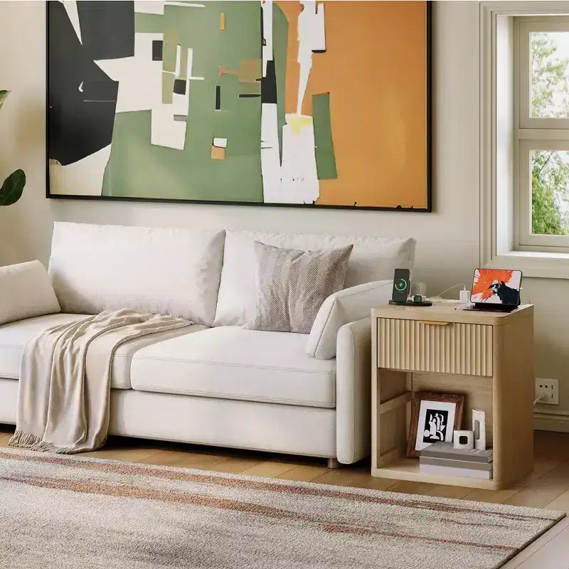 Table de chevet cannelée beige/blanc, style moderne du milieu du siècle, 1 ou 2 pièces