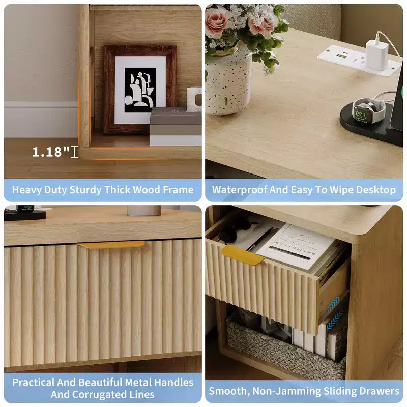 Table de chevet cannelée beige/blanc, style moderne du milieu du siècle, 1 ou 2 pièces