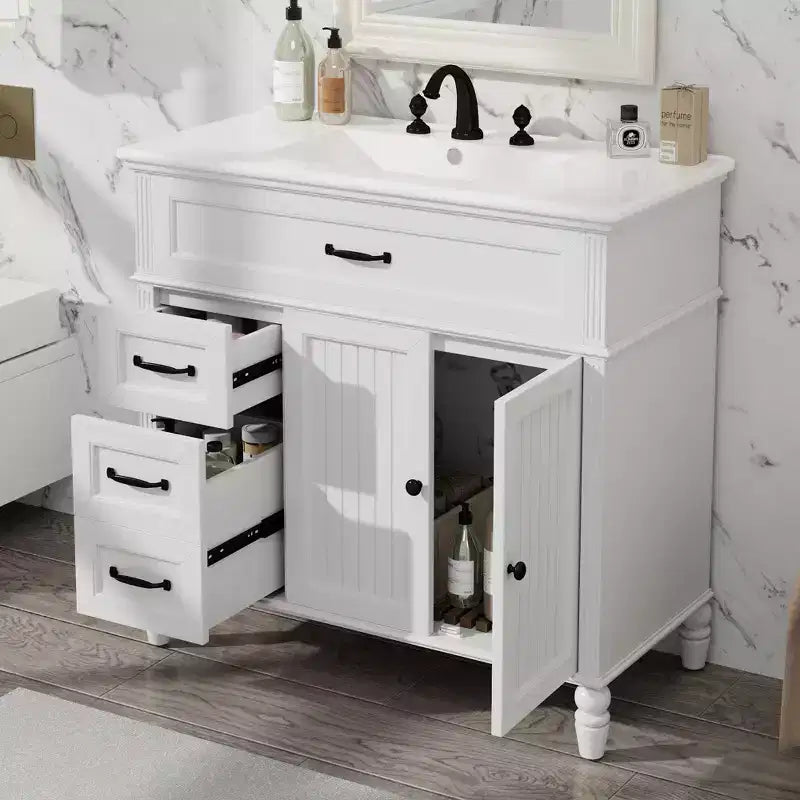 Meuble-lavabo de salle de bain autoportant blanc avec évier, simple, 36 po