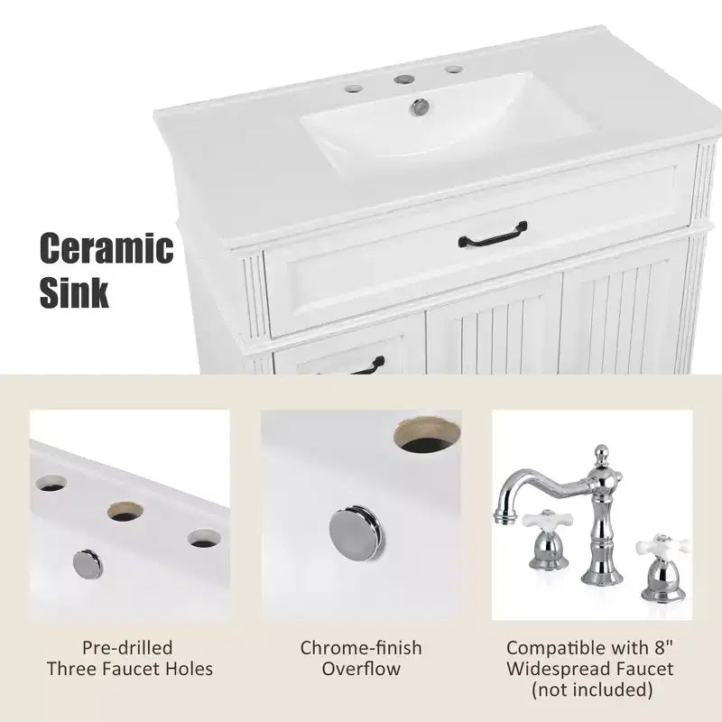Meuble-lavabo de salle de bain autoportant blanc avec évier, simple, 36 po