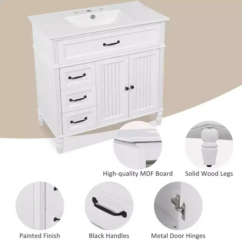 Meuble-lavabo de salle de bain autoportant blanc avec évier, simple, 36 po