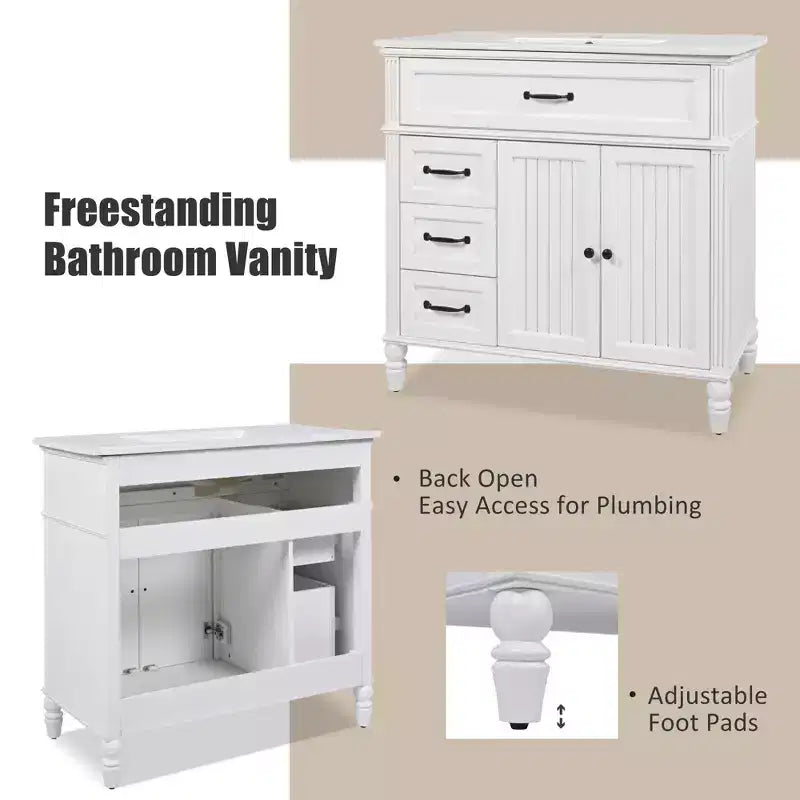Meuble-lavabo de salle de bain autoportant blanc avec évier, simple, 36 po
