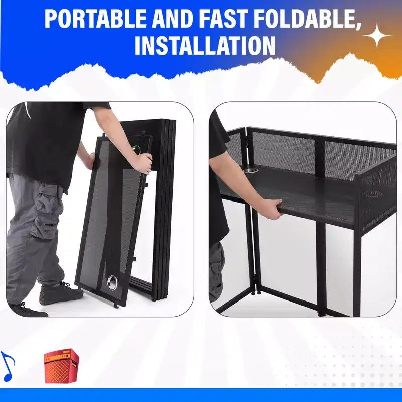 Table de cabine de façade DJ pliable noire, utilisateur unique, cadre en acier au carbone