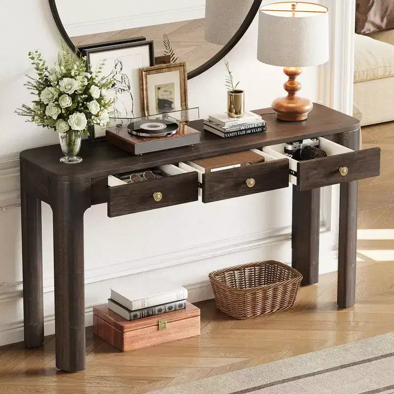 Console rustique de 52 po avec 3 tiroirs – Noir / Expresso / Naturel