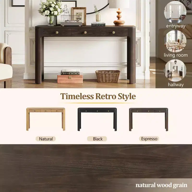 Console rustique de 52 po avec 3 tiroirs – Noir / Expresso / Naturel