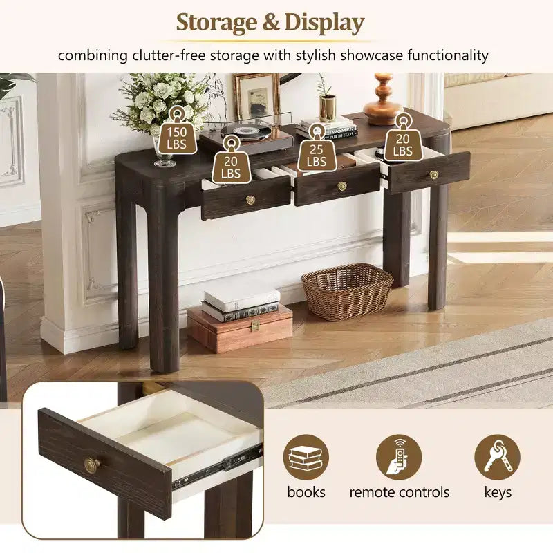 Console rustique de 52 po avec 3 tiroirs – Noir / Expresso / Naturel