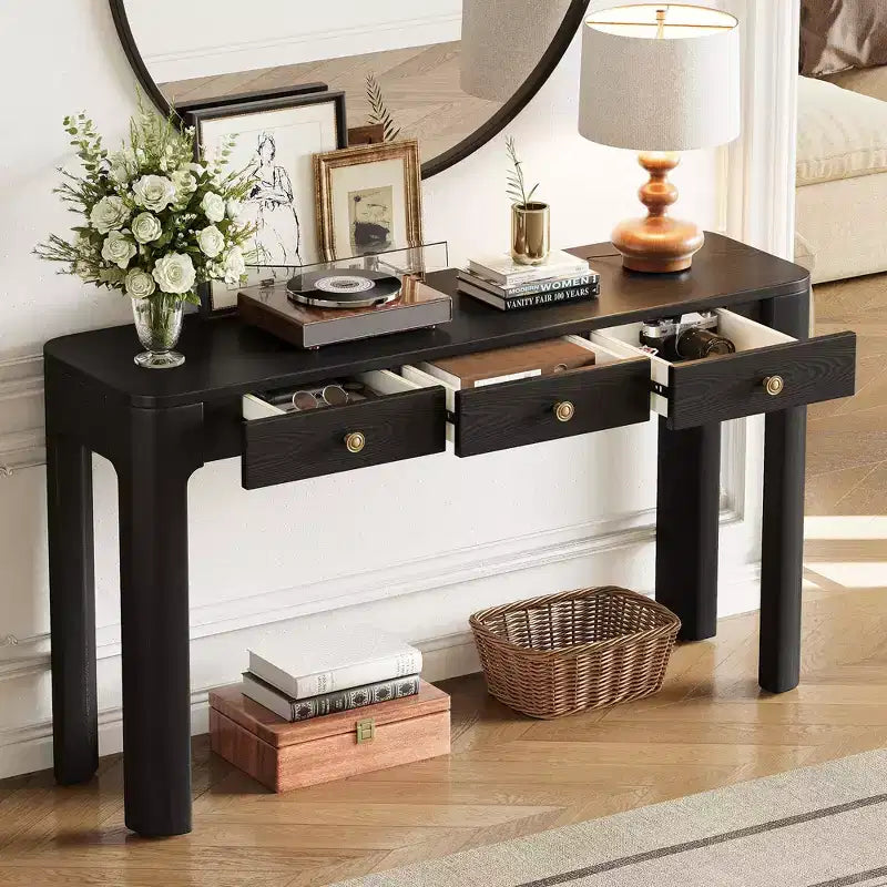 Console rustique de 52 po avec 3 tiroirs – Noir / Expresso / Naturel